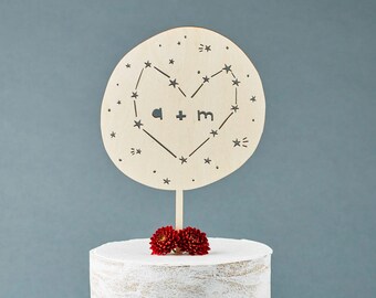 Cake Topper Custom Wedding - Constellation Heart Wooden Wedding Cake Topper - Wooden Cake Topper  - Personalized Customizable