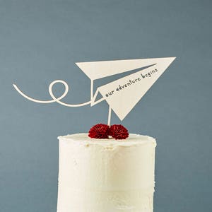 Cake Topper Wedding Paper Airplane Travel Adventure Cake Topper Wooden Baby Shower Cake Topper Engagement party Our Adventure Begins image 2