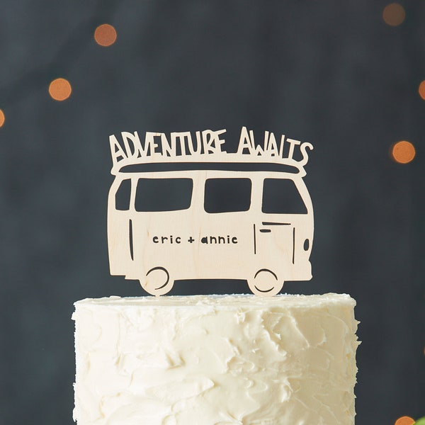 Custom Lasercut Wood Destination Wedding Camper Cake Topper - Travel, Adventure, Road Trip - Adventure Awaits