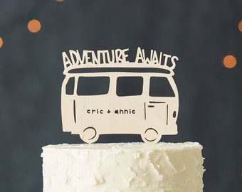 Custom Lasercut Wood Destination Wedding Camper Cake Topper - Travel, Adventure, Road Trip - Adventure Awaits