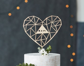 Cake Topper Custom Wedding - Geometric Heart Wooden Wedding Cake Topper - Wooden Cake Topper  - Personalized Cake Topper