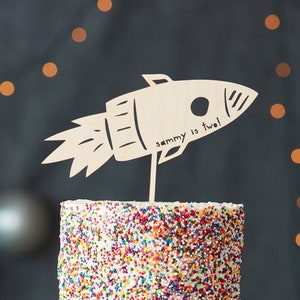 Space Themed Custom Lasercut Wood Rocket Ship Birthday Cake Topper image 1