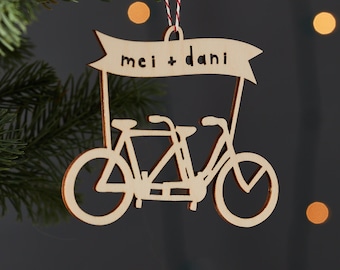 Tandem Bike Ornament - Wooden Lasercut Holiday Personalized Christmas Tree Ornament
