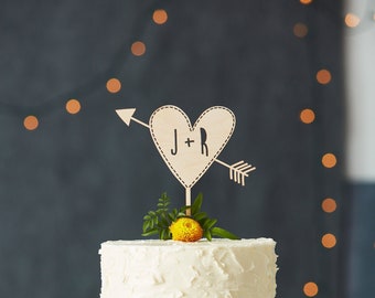Custom Initials Wedding Cake Topper -  Personalized Wooden Cake Topper Initials - Rustic Heart with Arrow Wedding Cake Topper