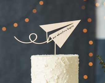 Cake Topper Wedding - Paper Airplane Travel Adventure Cake Topper - Wooden Baby Shower Cake Topper - Engagement party Our Adventure Begins