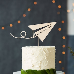 Cake Topper Wedding Paper Airplane Travel Adventure Cake Topper Wooden Baby Shower Cake Topper Engagement party Our Adventure Begins Existing Text