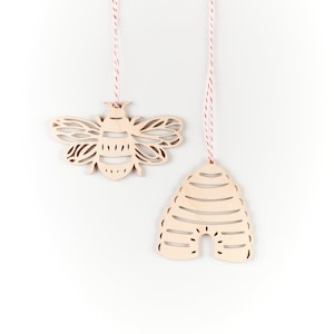 Bee and Beehive Ornaments Lasercut Birch Wood set of 2 image 1