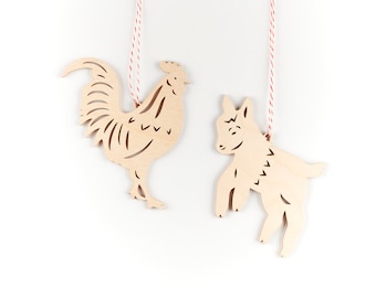 Goat and Rooster Farm Ornaments- Lasercut Birch Wood (set of 2)