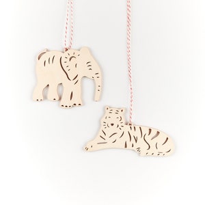 Elephant and Tiger Jungle Ornaments- Lasercut Birch Wood (set of 2)