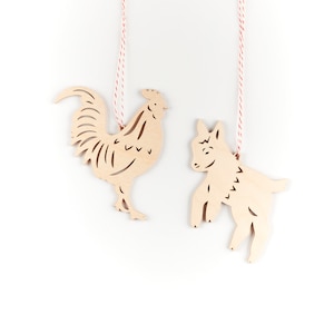 Ziege und Hahn Bauernhof Ornamente - Lasercut Birkenholz (2er Set)