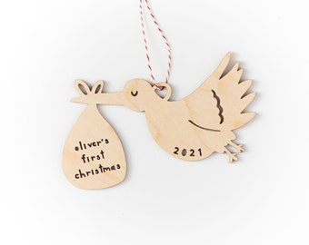 Custom Stork Ornament - Wooden Lasercut Holiday Tree Ornament