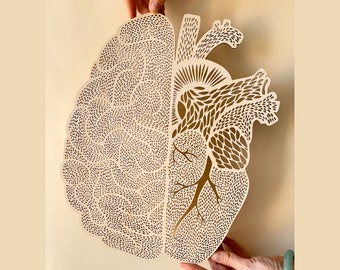 Anatomical Heart/Brain Lasercut Wooden Artwork Doctors Office Artwork, Medical Graduation Gift, Therapist gift Half Heart half Brain anatomy