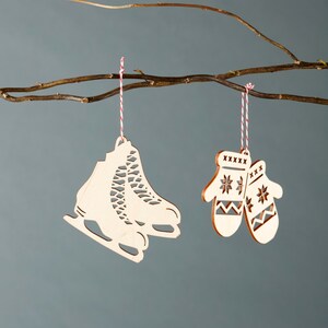 Skate and Mittens Ornaments Lasercut Birch Wood set of 2 image 3