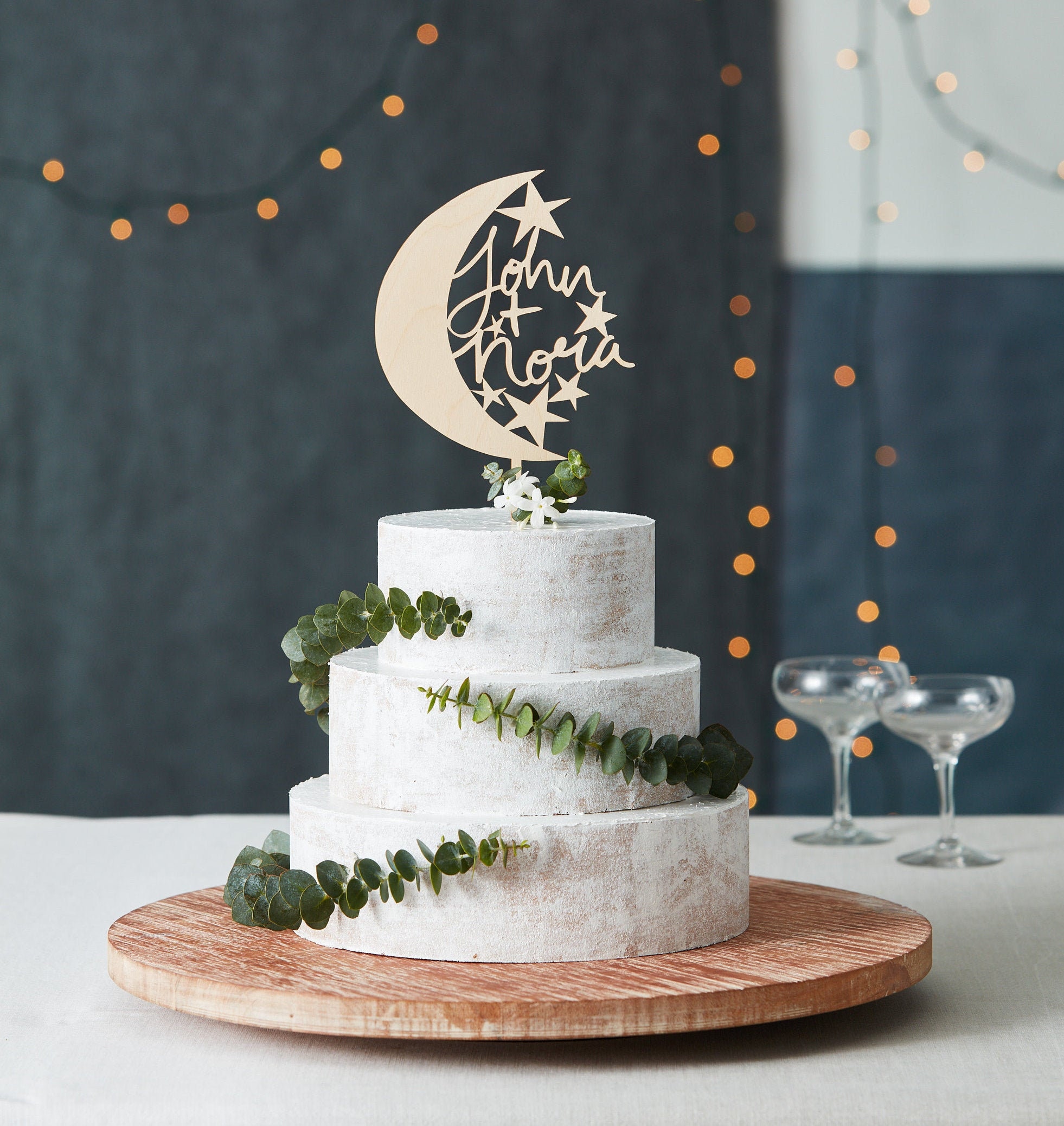 Moon and Stars Wooden Cake Topper - Written in the Stars or Customizable - Hand Lettered Wedding Cake Topper
