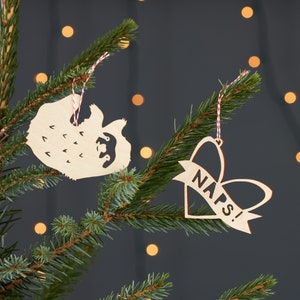 Sloth loves Naps Wooden Holiday Christmas Ornaments- Lasercut Birch Wood (set of 2)