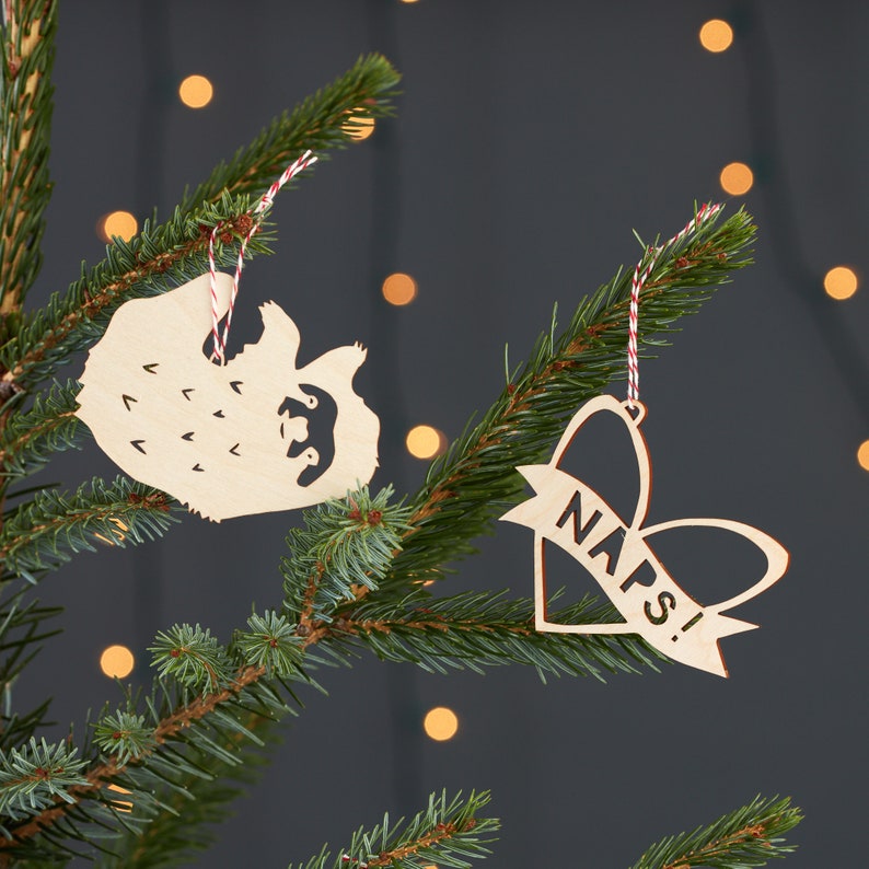 Sloth loves Naps Wooden Holiday Christmas Ornaments Lasercut Birch Wood set of 2 image 1