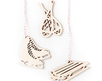 Snow Sports Wooden Holiday Christmas Ornaments - Skates Snowshoes Sled