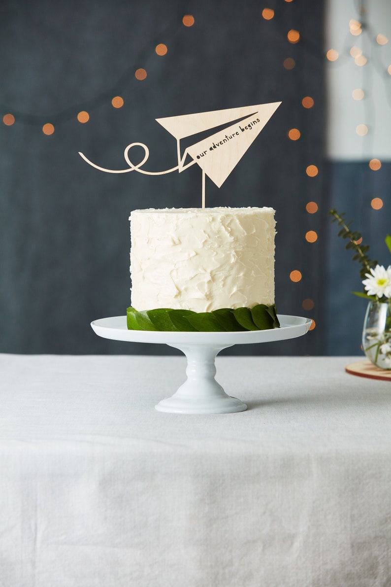 Cake Topper Wedding Paper Airplane Travel Adventure Cake Topper Wooden Baby Shower Cake Topper Engagement party Our Adventure Begins Existing Text