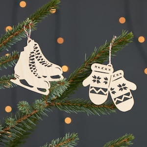 Skate and Mittens Ornaments Lasercut Birch Wood set of 2 image 1