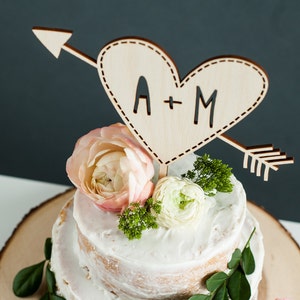 Custom Initials Wedding Cake Topper Personalized Wooden Cake Topper Initials Rustic Heart with Arrow Wedding Cake Topper image 4