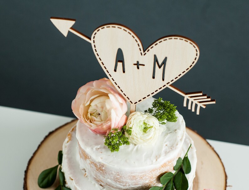 Custom Initials Wedding Cake Topper Personalized Wooden Cake Topper Initials Rustic Heart with Arrow Wedding Cake Topper image 4