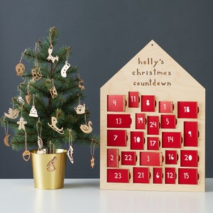 Customizable Ornament Advent Calendar Lasercut Birch Wood and Paper 24 ornaments Your Custom Message