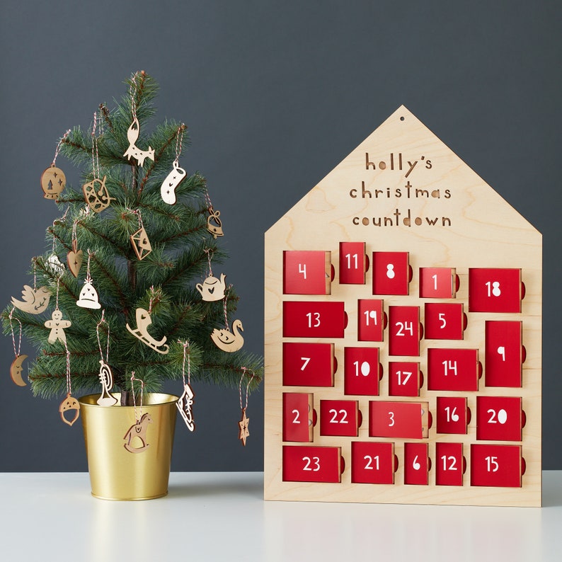 Customizable Ornament Advent Calendar Lasercut Birch Wood and Paper 24 ornaments Your Custom Message