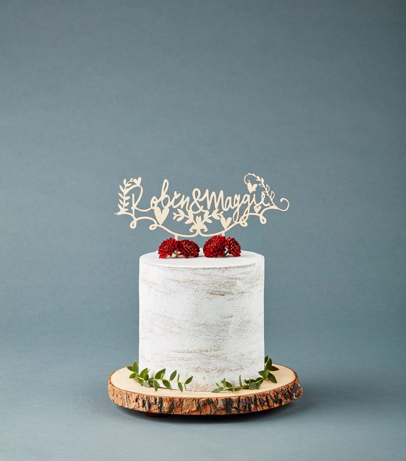 Custom Wedding Cake Topper Personalized Names Wooden Cake Topper Weddings Rustic Wooden Lasercut Birch Cake Topper Wedding Decor image 2