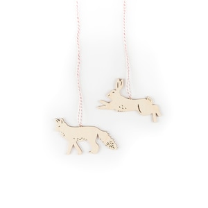 Fox and Hare Wooden Holiday Christmas Ornaments- Lasercut Birch Wood (set of 2)