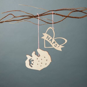 Sloth loves Naps Wooden Holiday Christmas Ornaments Lasercut Birch Wood set of 2 image 3