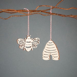 Bee and Beehive Ornaments Lasercut Birch Wood set of 2 image 3