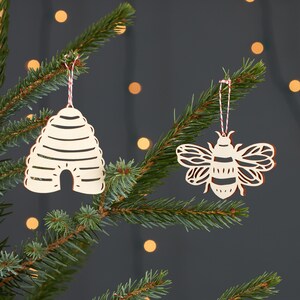 Bee and Beehive Ornaments Lasercut Birch Wood set of 2 image 2