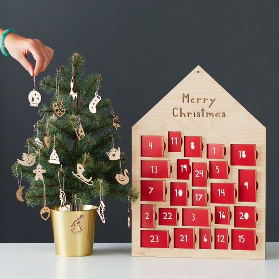 Customizable Ornament Advent Calendar Lasercut Birch Wood and 