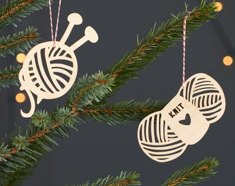 Knitting Holiday Christmas Ornaments- Lasercut Birch Wood (set of 2)