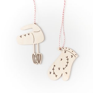 Baking Mitts and Mixer Wooden Holiday Christmas Ornaments- Lasercut Birch Wood (set of 2)