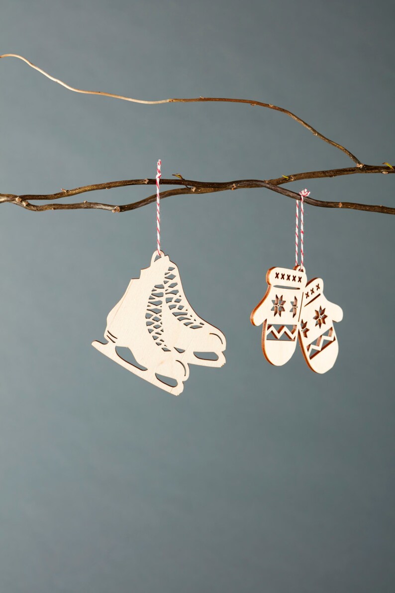 Skate and Mittens Ornaments Lasercut Birch Wood set of 2 image 3