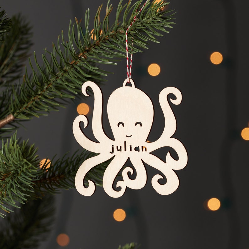 Custom Octopus Ornament Wooden Christmas Lasercut Holiday Tree Ornament image 1