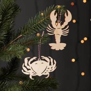 Adornos navideños de cangrejo y langosta - Madera de abedul cortada con láser