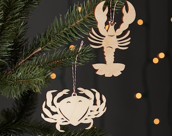 Crab and Lobster Holiday Christmas Ornaments- Lasercut Birch Wood