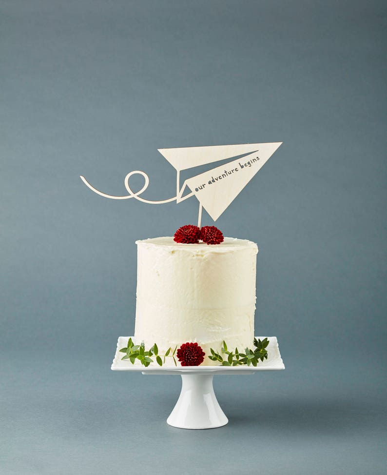 Cake Topper Wedding Paper Airplane Travel Adventure Cake Topper Wooden Baby Shower Cake Topper Engagement party Our Adventure Begins image 2