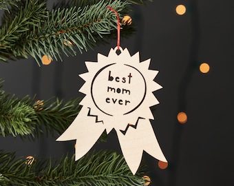 Custom Medal Badge Ornament - Best Mom Best Dad Best Aunt Uncle Award Wooden Lasercut Holiday Tree Ornament