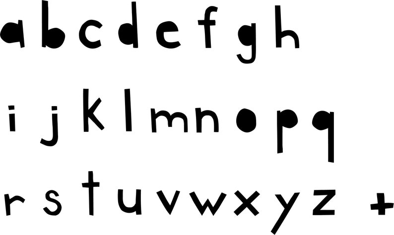 May include: Black and white alphabet letters in a playful, hand-drawn style. The letters are slightly irregular and have a rounded, childlike appearance.