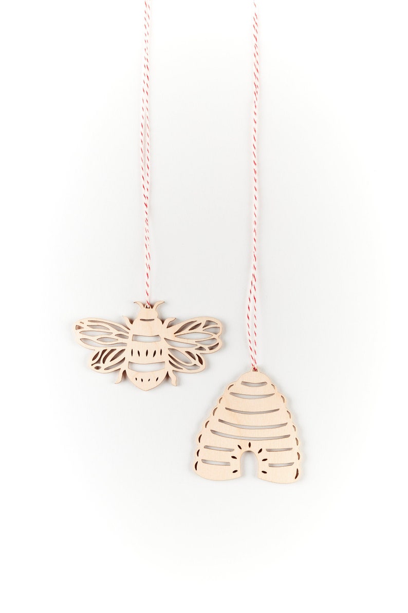 Bee and Beehive Ornaments Lasercut Birch Wood set of 2 image 1