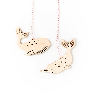 Whale and Narwhal Ornaments- Lasercut Birch Wood (set of 2)