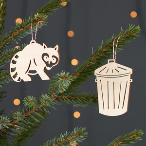 Raccoon and Trash Can Ornaments- Lasercut Birch wood (set of 2)