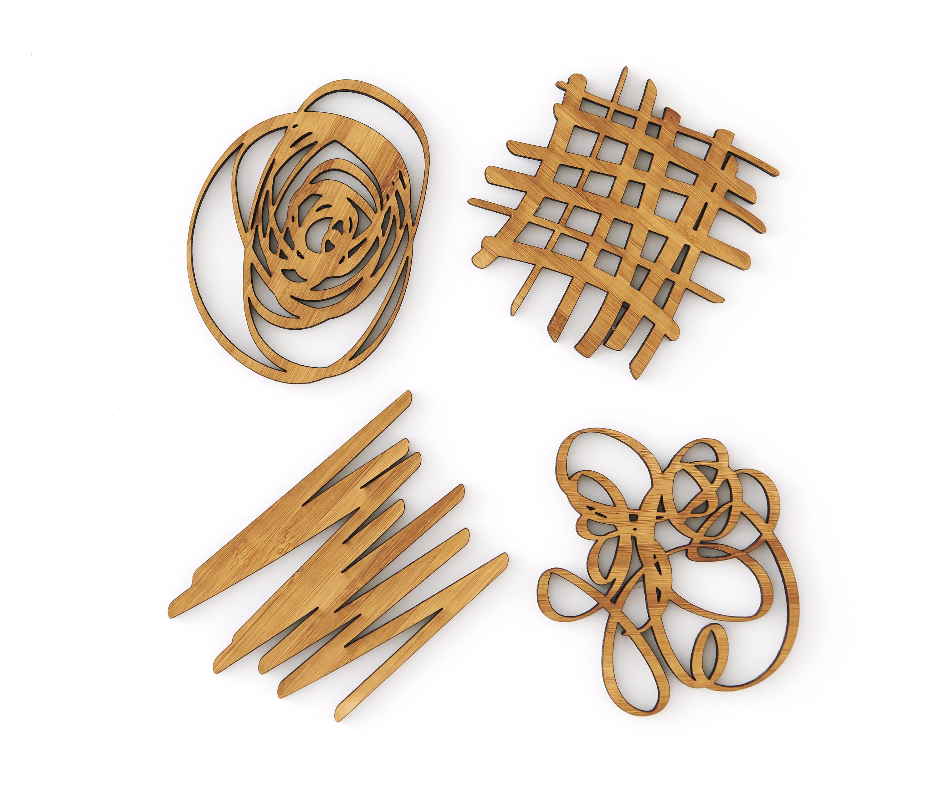 Laser-Cut Doodle/Scribble Bamboo Coasters | Jeu de 4