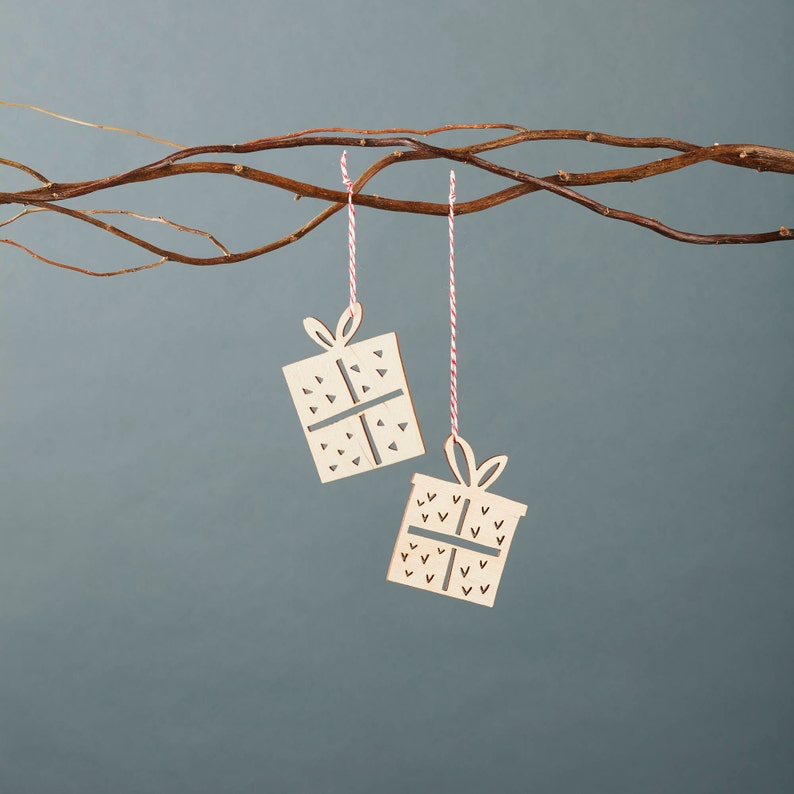 Wooden Geometric Holiday Christmas Gift Ornaments Lasercut Birch set of 2 image 2