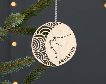 Aquarius Astrology Personalized Ornament - Lasercut Birch Wood