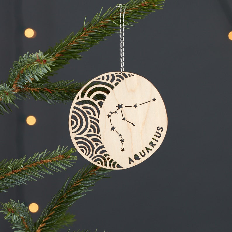 Aquarius Astrology Personalized Ornament Lasercut Birch Wood image 1
