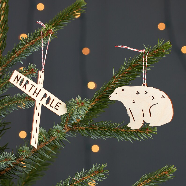 Polar Bear North Pole Wooden Holiday Christmas Ornaments Lasercut Birch set of 2 image 2